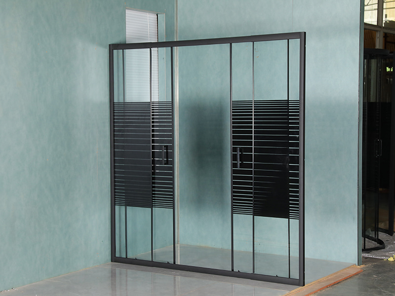 DD-4 Two Fixed Two Sliding Shower Screen, Clear Tempered Glass With Printing, Black Aluminium Profile,Double Holes Handle