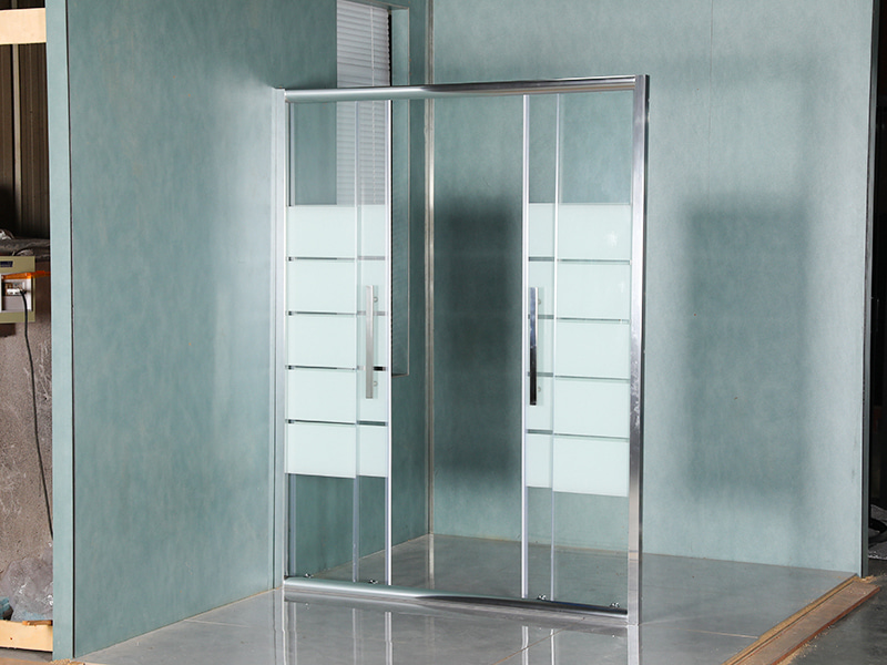 DD-5 Two Fixed Two Sliding Shower Screen, Clear Tempered Glass With Printing, Chrome Aluminium Profile,Double Holes Handle