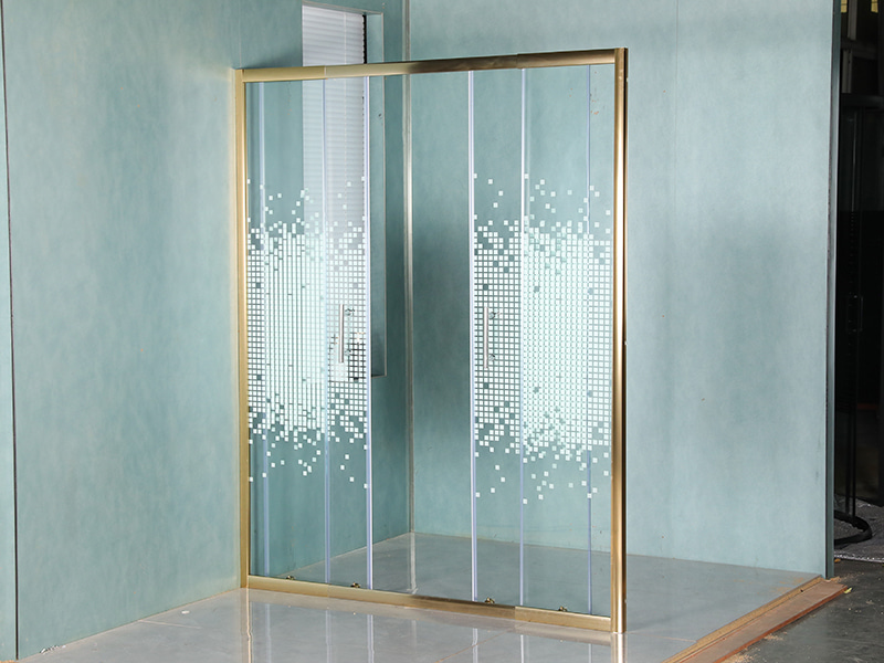 DD-1 Two Fixed Two Sliding Shower Screen, Clear Tempered Glass With Printing, Gold Aluminium Profile,Double Holes Handle