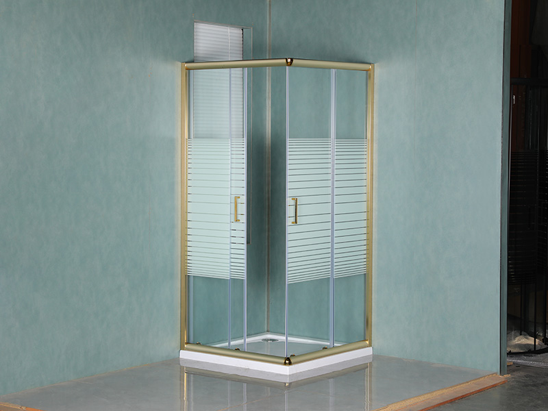 SQ Sliding Shower Enclosusre, Clear Tempered Glass With Printing, Gold Aluminium Profile, Double Holes Handle, With Tray