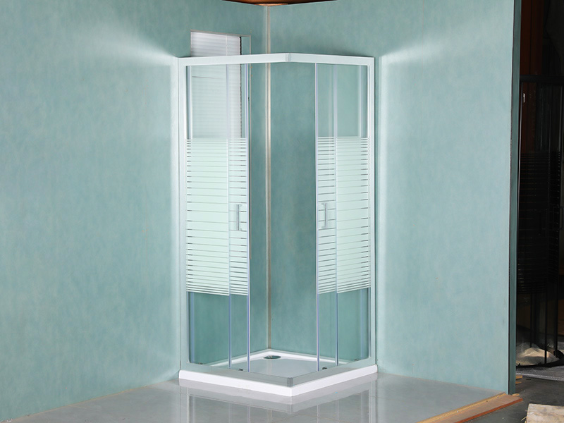 SQ Sliding Shower Enclosusre, Clear Tempered Glass With Printing, White Aluminium Profile, Double Holes Handle, With Tray