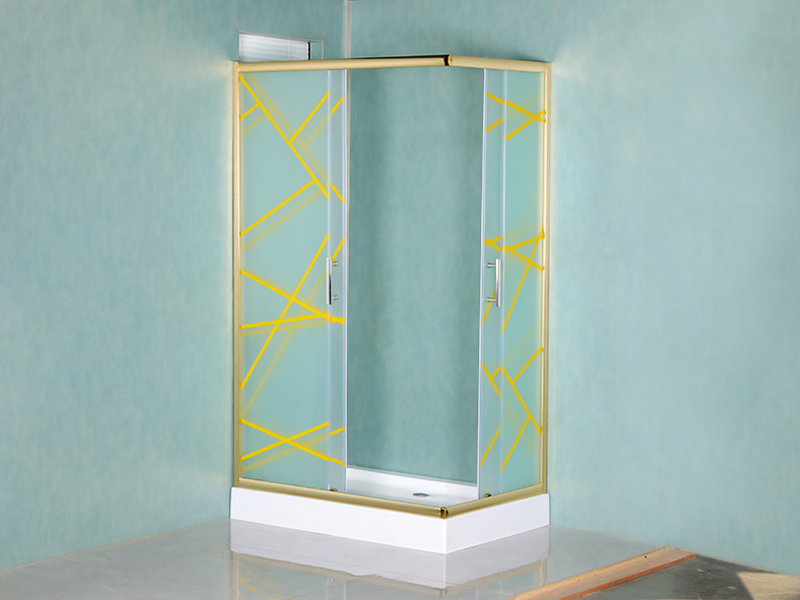 RE Sliding Shower Enclosusre, Matt Tempered Glass With Printing, Gold Aluminium Profile, Double Holes Handle, With Tray