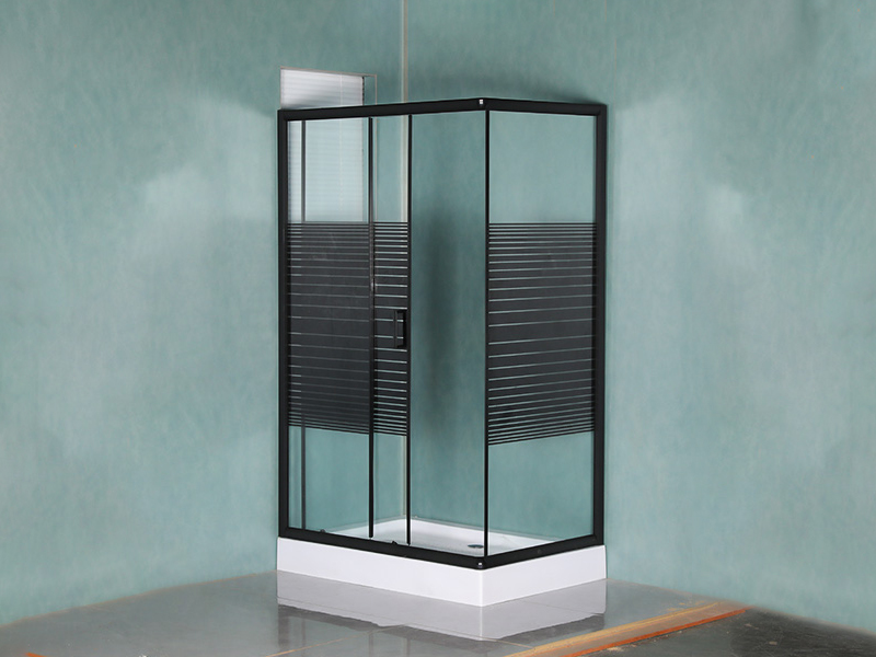 RE Sliding Shower Enclosusre, Clear Tempered Glass With Printing, Black Aluminium Profile, Double Holes Handle, With Tray